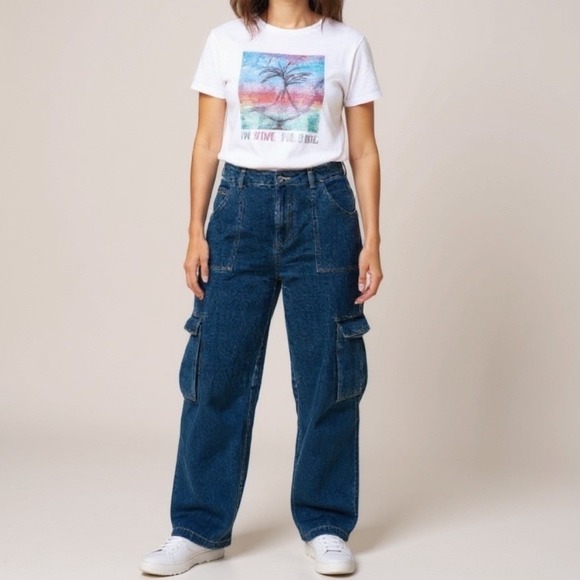 The Unbranded Brand Pants - Retro Gorpcorp Blue Denim Cargo Pants Womens Wide Leg Utility Jeans Y2K Style XL